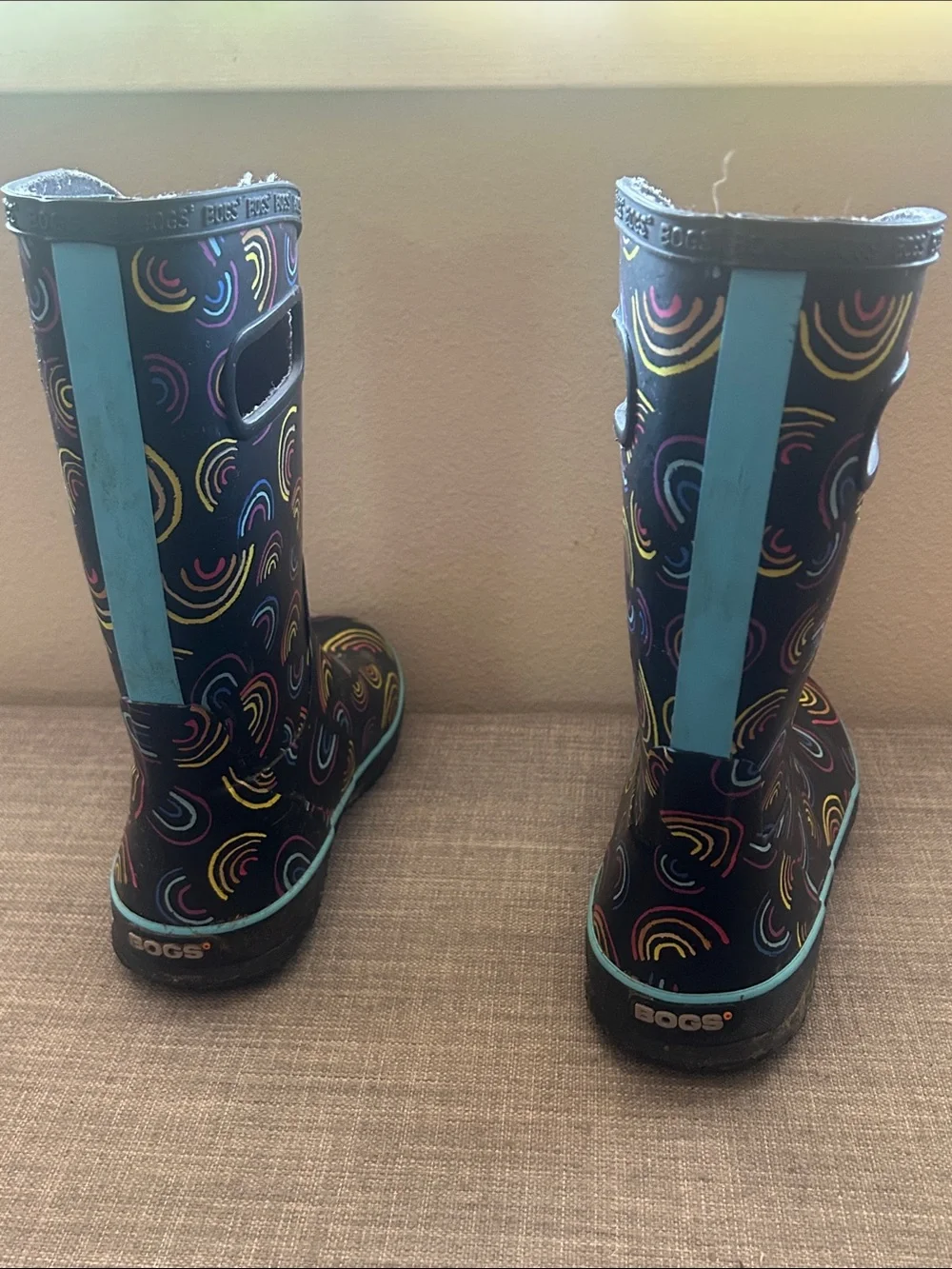 BOGS Kids size 4 Black Rainbow-Print Rain Boots